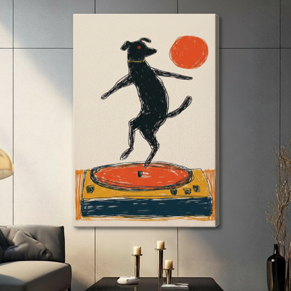 Frameless black dog dancing on orange vinyl record player turntable crayon line illustration on dark grey panel wall – red sun cream background retro music dog canvas print for contemporary living room