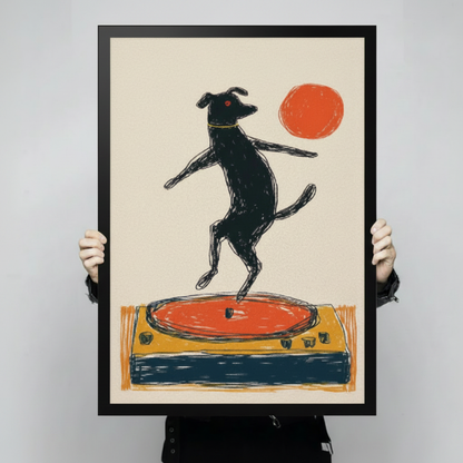 Hands holding framed black dog dancing on orange vinyl record player turntable crayon line illustration canvas – red sun cream background retro music dog wall art size reference display