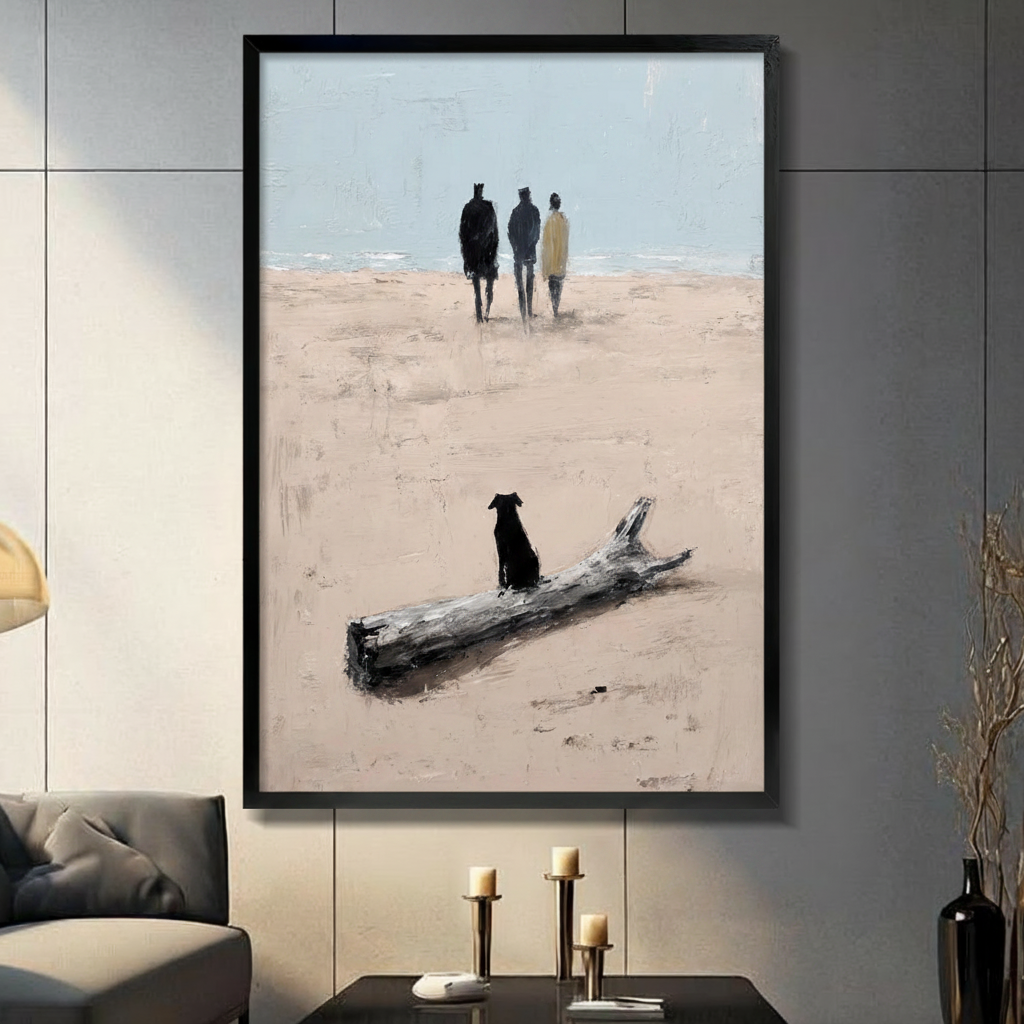 Black dog sitting beside driftwood on sandy beach watching three figures walking toward ocean impasto oil painting in black frame on dark grey panel wall – beige sand blue grey sky coastal canvas wall art for living room