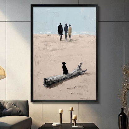 Black dog sitting beside driftwood on sandy beach watching three figures walking toward ocean impasto oil painting in black frame on dark grey panel wall – beige sand blue grey sky coastal canvas wall art for living room