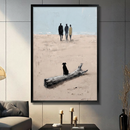 Black dog sitting beside driftwood on sandy beach watching three figures walking toward ocean impasto oil painting in black frame on dark grey panel wall – beige sand blue grey sky coastal canvas wall art for living room