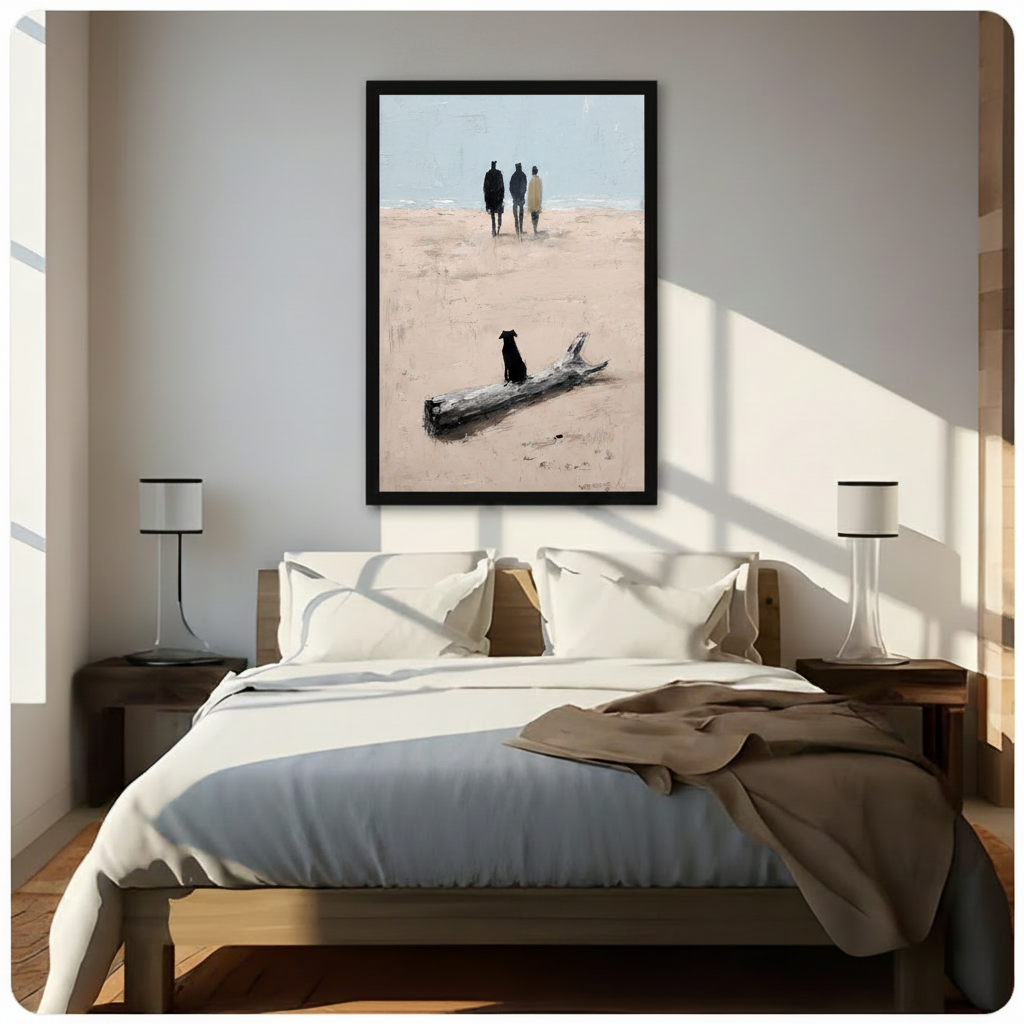 Framed black dog sitting beside driftwood watching three figures walk toward ocean impasto oil painting above dark wooden bed in sunlit bedroom – beige sand blue grey sky coastal canvas wall art for bedroom decor