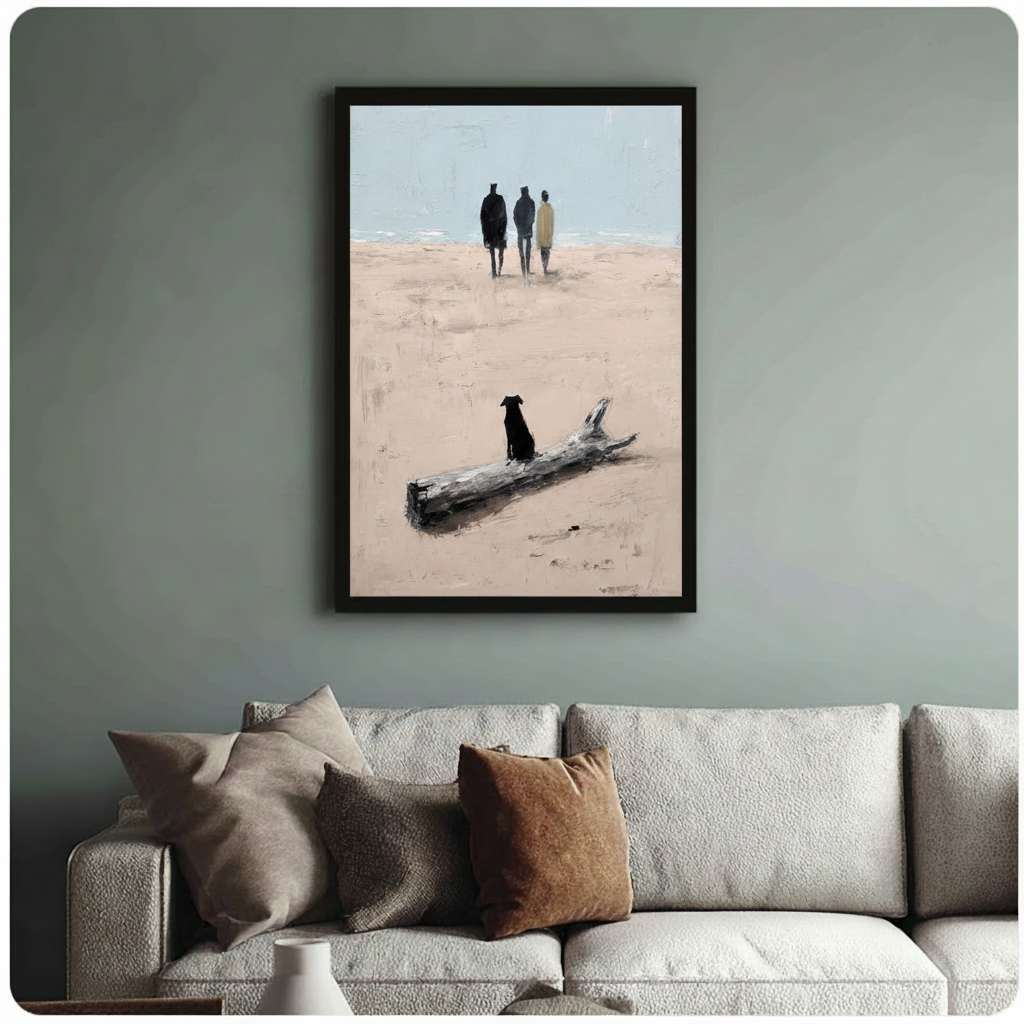 Framed black dog sitting by driftwood watching three figures walk toward ocean impasto oil painting above cream textured sofa on sage green wall – sandy beach blue grey sky contemplative coastal canvas wall art for living room decor