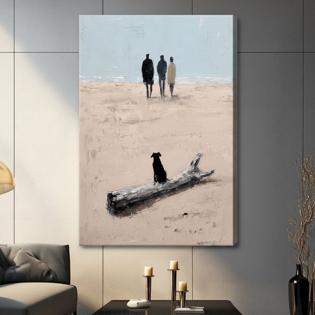 Frameless black dog beside driftwood on beach with three figures walking away toward sea impasto oil painting on dark grey panel wall – beige sand textured coastal canvas print for contemporary living room