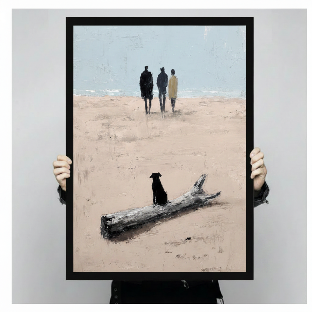 Person holding framed black dog sitting beside driftwood on beach watching three figures walk toward sea impasto oil painting – beige sand blue grey sky coastal canvas wall art size reference