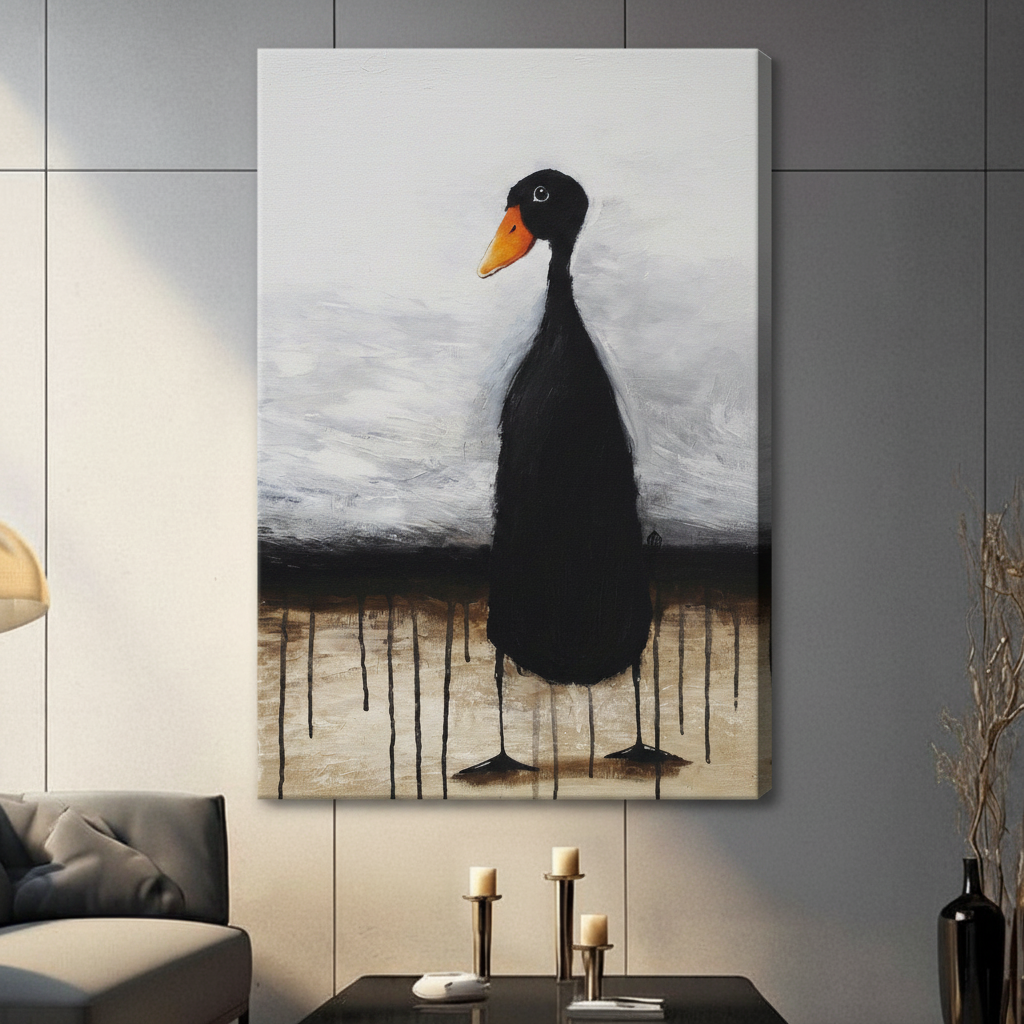 Stretched canvas expressionist black duck with orange beak wall art featuring a solitary tall thin black duck with a bright orange beak and tiny round eye standing on long spindly legs with dramatic dark paint drips running down from its body onto a warm sandy beige ground against a textured brushed gray sky background, hung on a dark gray tiled wall above a gray sofa