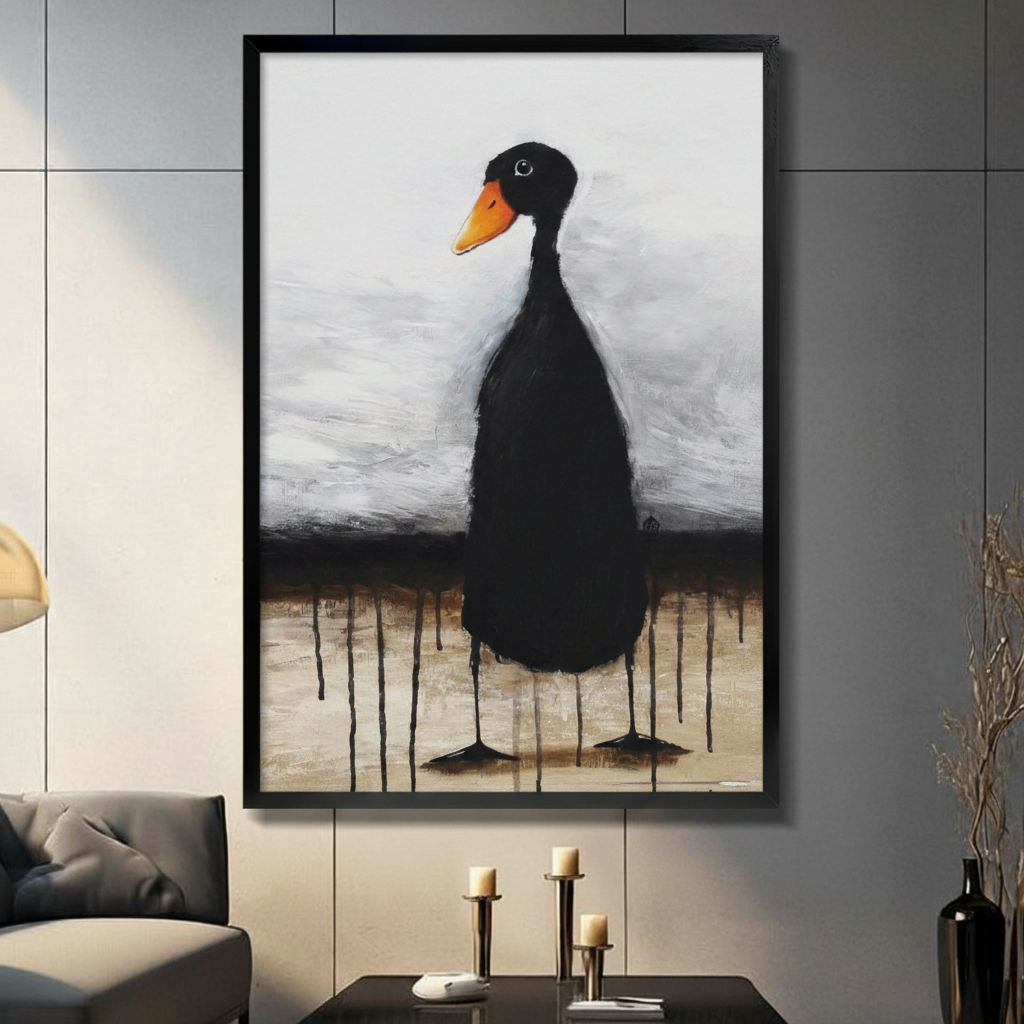 Black framed expressionist black duck with orange beak canvas art with a tall slender black duck with a small round head and vivid orange beak standing upright on spindly legs with dark paint drips pooling beneath its feet against a moody brushed gray and warm sandy beige oil-painted background, hung on a dark gray tiled wall above a gray sofa with a gold arc floor lamp