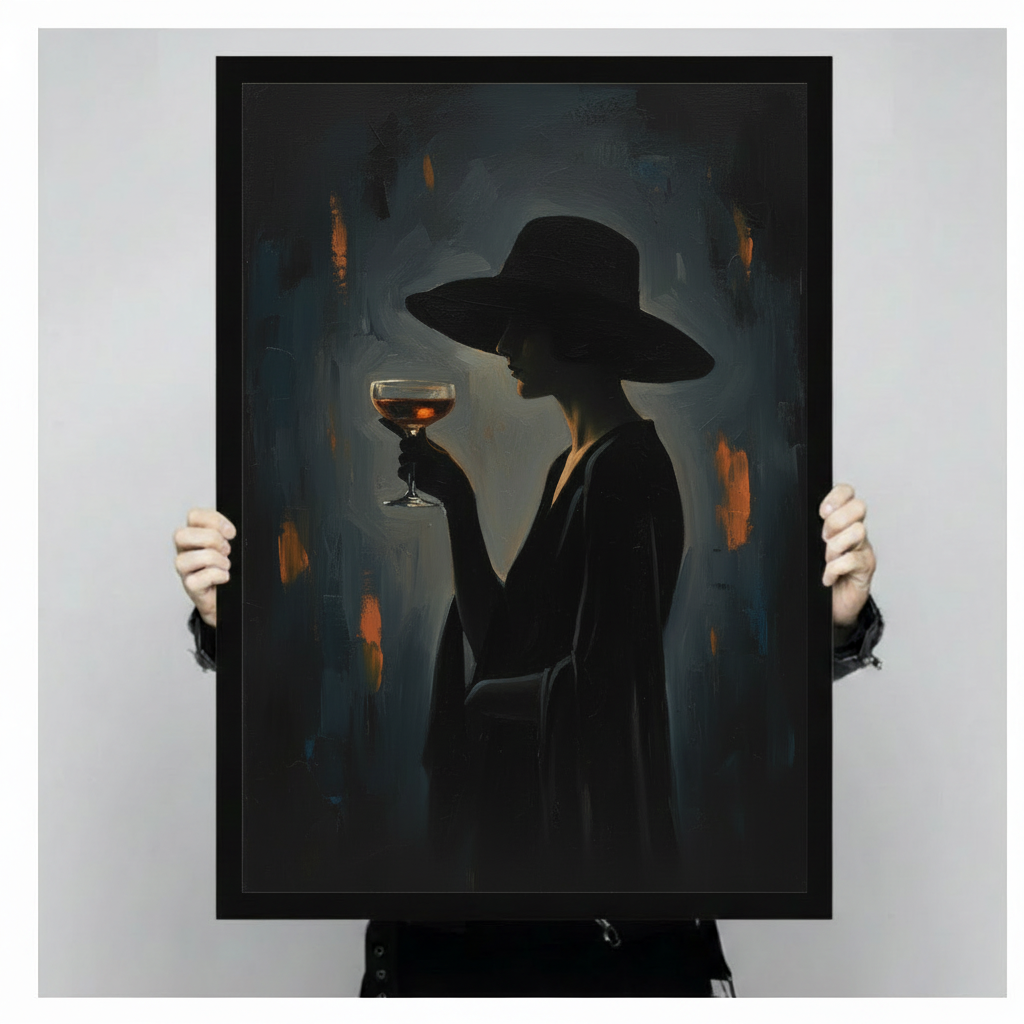Black framed witch wall art showing a silhouetted figure holding a cocktail above a modern console table.