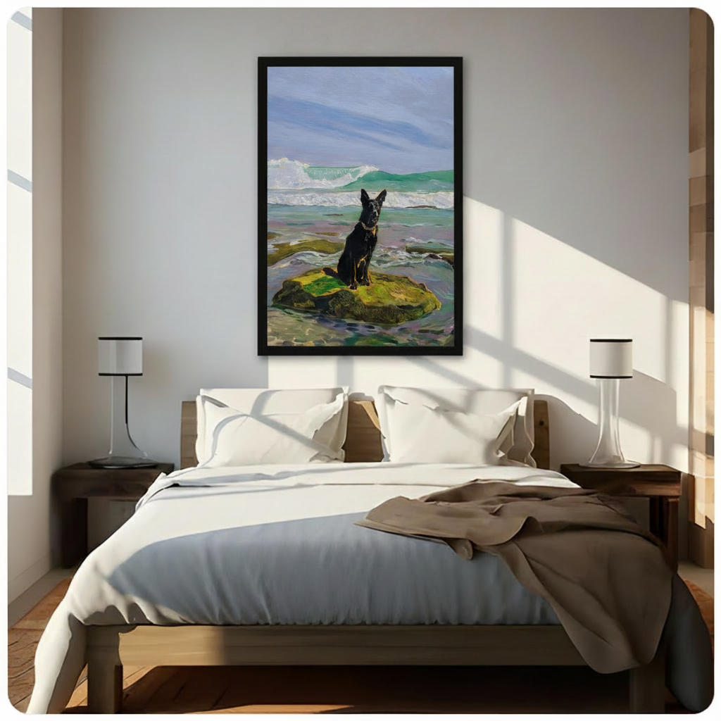 Black German Shepherd coastal rock framed canvas displayed above bed in sunlit neutral bedroom - dramatic realistic dog oil painting wall art with teal ocean waves for serene bedroom decor