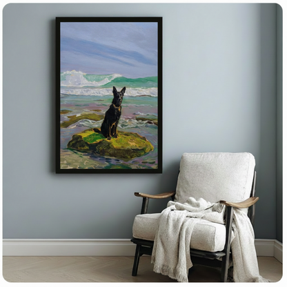Framed black German Shepherd sitting by ocean waves wall art beside wooden accent chair with linen throw - realistic coastal dog canvas print for reading nook or study