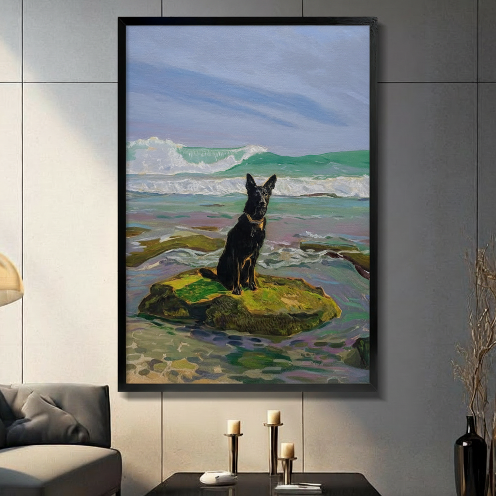 Black German Shepherd sitting on mossy rock by ocean waves framed wall art - realistic oil painting style coastal dog canvas print with teal sea and lavender shoreline for living room decor
