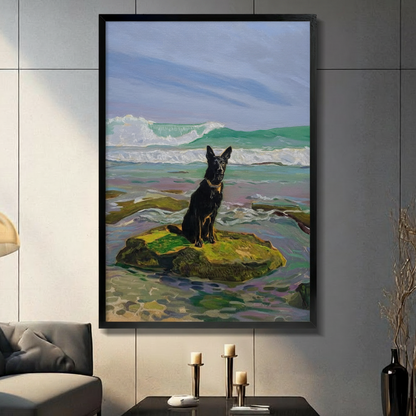 Black German Shepherd sitting on mossy rock by ocean waves framed wall art - realistic oil painting style coastal dog canvas print with teal sea and lavender shoreline for living room decor