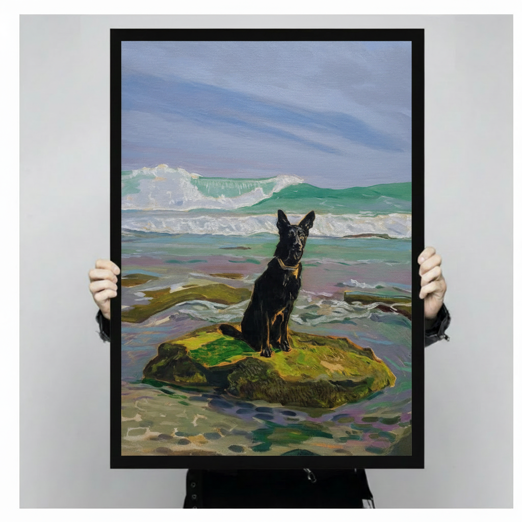 Hands holding large framed black German Shepherd on mossy rock canvas print - full artwork detail of realistic oil painting coastal dog with crashing teal waves and golden collar