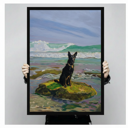 Hands holding large framed black German Shepherd on mossy rock canvas print - full artwork detail of realistic oil painting coastal dog with crashing teal waves and golden collar