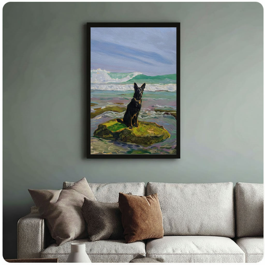 Black German Shepherd ocean rock framed art print above cream bouclé sofa on sage grey wall - coastal dog canvas wall decor with teal wave and mossy green rock palette