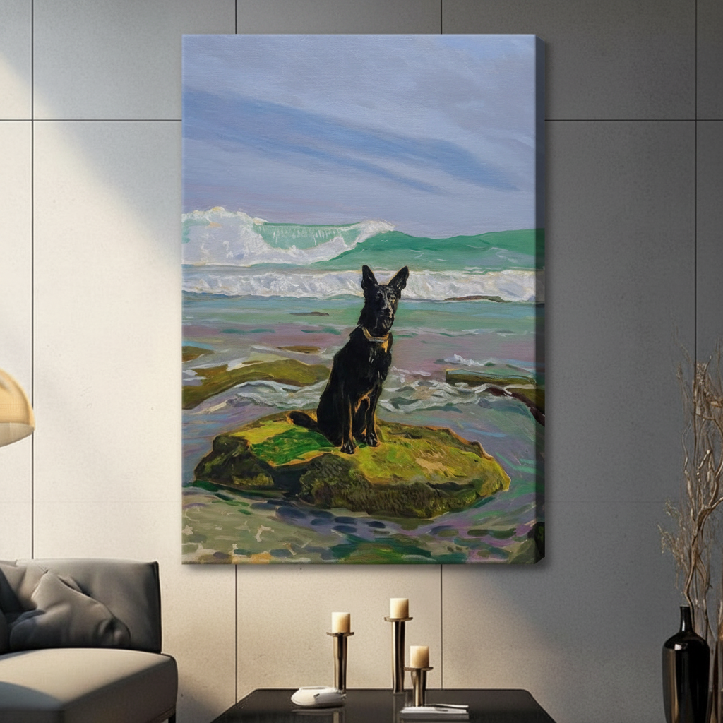 Unframed black German Shepherd on mossy coastal rock canvas print - expressive oil painting dog wall art with crashing teal waves and golden collar detail for contemporary home decor