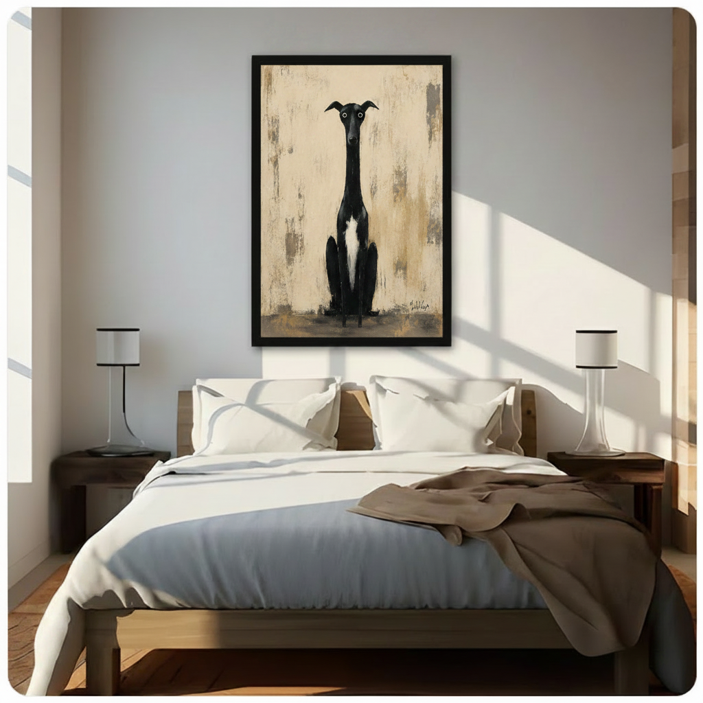 Framed black greyhound dog portrait painting hung above wooden bed in sunlit minimalist bedroom with white bedding