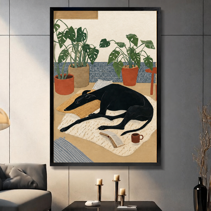 Black greyhound dog art print in black frame displayed in modern living room, cozy illustrated wall art with monstera plants and coffee cup