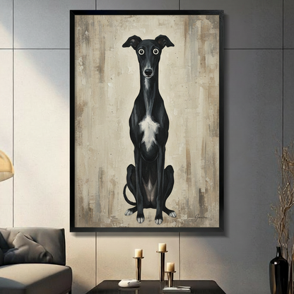 Framed black greyhound dog portrait wall art with wide eyes on beige textured background, displayed above console table in modern living room