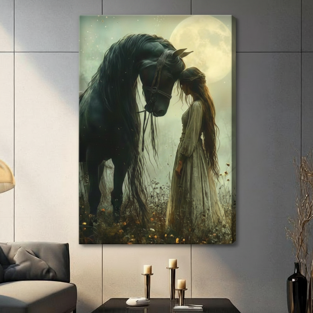 Gallery wrap stretched canvas of a majestic black horse with flowing mane bowing to a long-haired girl in a white gown under a glowing full moon in a misty green night sky hung frameless on a gray wall above a dark sofa