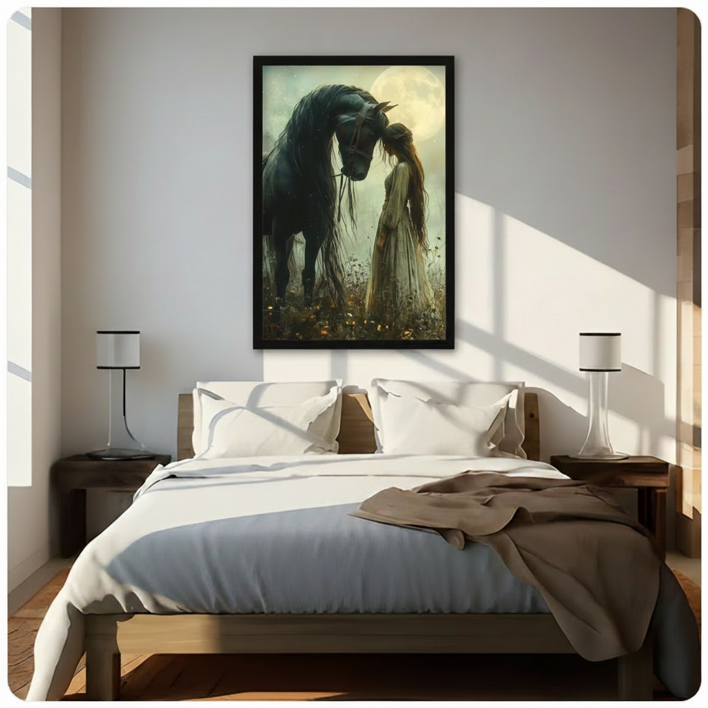Black framed enchanting moonlit black horse and long-haired girl in white gown dark fantasy canvas wall art with glowing full moon hung above a dark wood bed with white and beige linen bedding in a sunlit minimalist bedroom