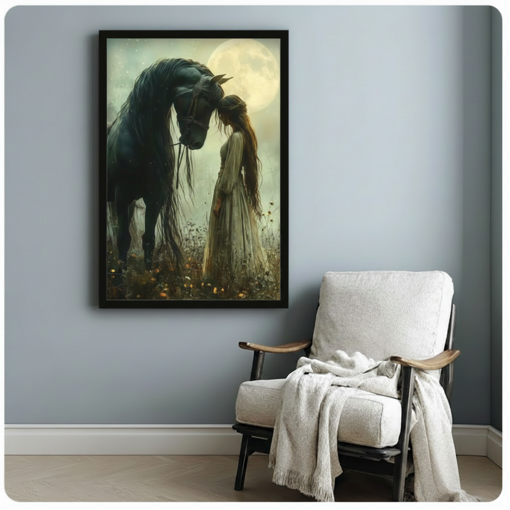Black framed romantic dark fantasy black horse and ethereal girl in white dress sharing a tender moonlit moment in a wildflower meadow canvas print hung on a soft blue-gray wall beside a white linen wood lounge chair with cream throw