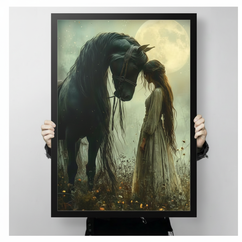 Two hands in black jacket sleeves holding a large black framed moonlit black Friesian horse and white dress girl dark fantasy oil painting canvas art print with glowing full moon and misty green background, vertical size display