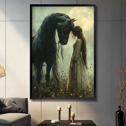 Black framed moonlit black Friesian horse and white dress girl touching foreheads in a wildflower field dark fantasy oil painting canvas wall art with glowing full moon background displayed in a modern gray living room with dark sofa and candlesticks