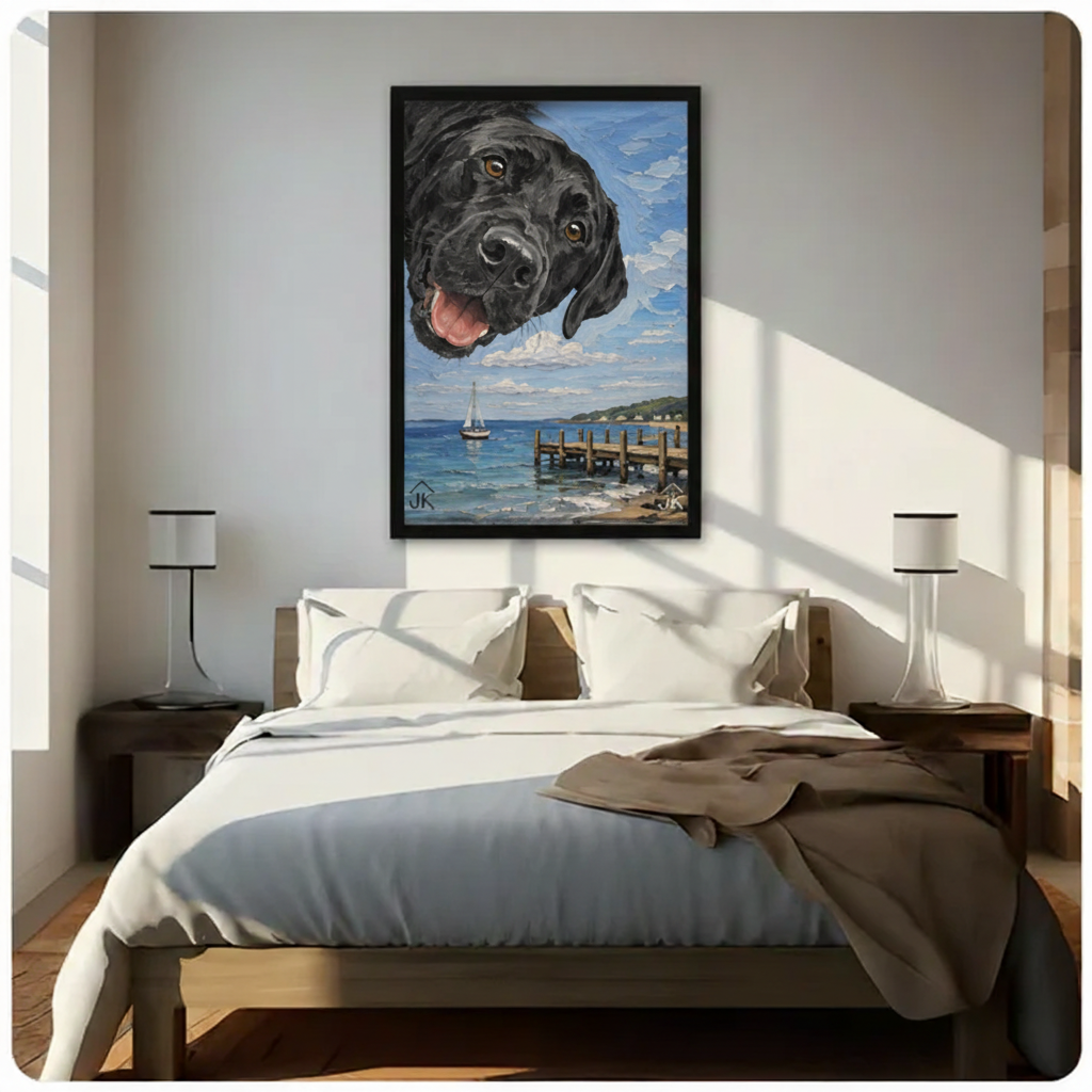 Black Labrador coastal dock scene framed canvas wall art above wooden bed — whimsical dog artwork for bedroom decor