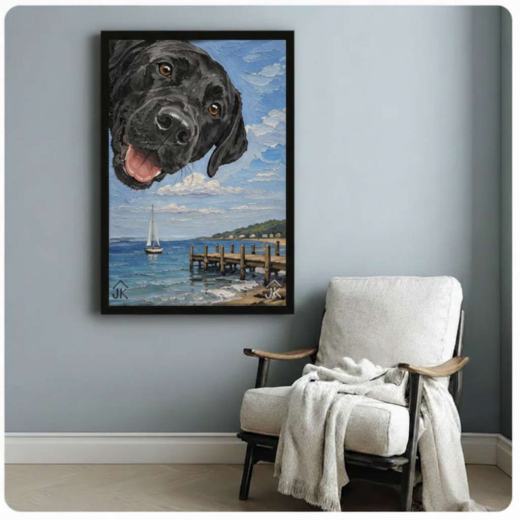 Framed black Labrador coastal dock oil painting canvas wall art on blue-gray wall above white wooden chair — whimsical dog beach decor