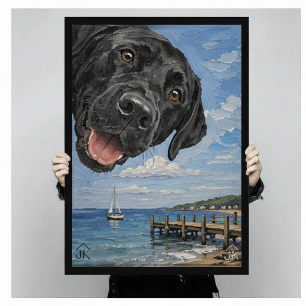 Hands holding large framed black Lab dog coastal sailboat canvas art — whimsical dog painting print size display