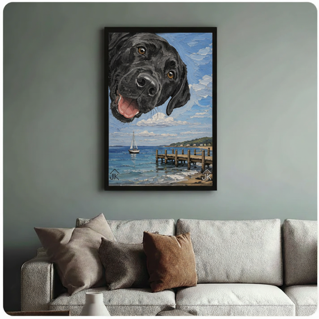 Black Labrador coastal sailboat canvas art in black frame on sage green wall — whimsical dog painting wall decor