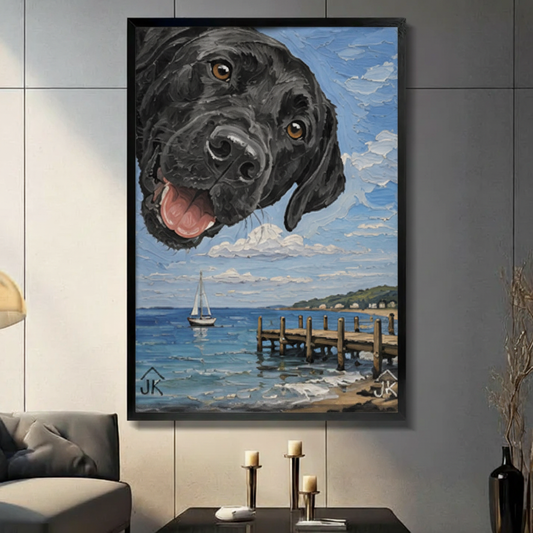 Framed black Labrador coastal dock oil painting canvas wall art above gray sofa — whimsical dog beach scene home decor