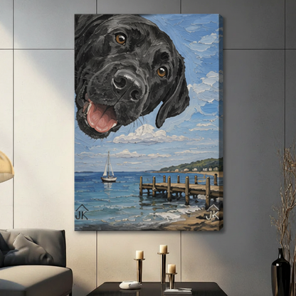 Stretched gallery wrap canvas of black Lab dog peeking over coastal dock scene — frameless dog wall art for living room