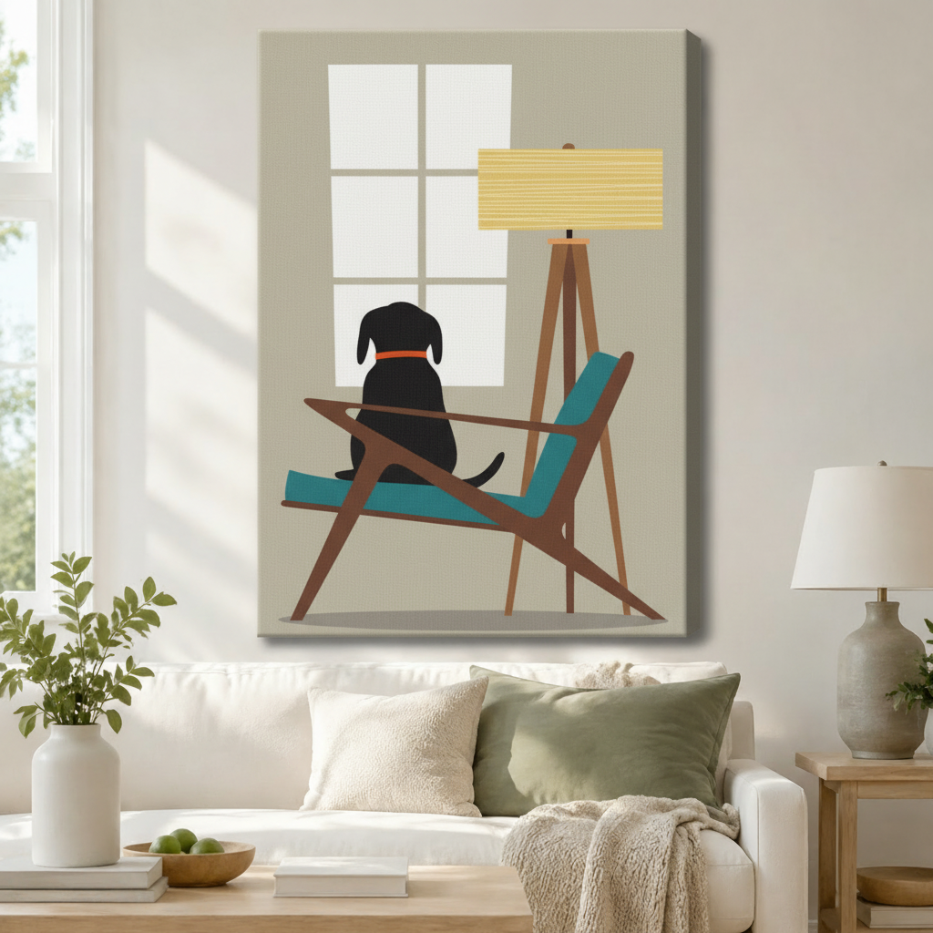 Black Lab dog on teal mid-century lounge chair by window with floor lamp minimalist gallery wrapped canvas hung above a white sofa with sage green cushions in a cozy neutral living room