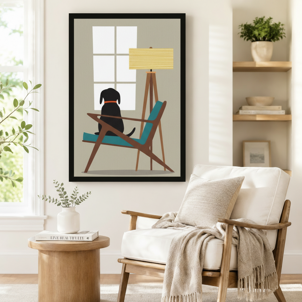 Minimalist black Labrador on teal mid-century chair gazing out window flat illustration framed wall art in black frame mounted beside a white linen armchair with throw blanket in a Scandinavian reading nook
