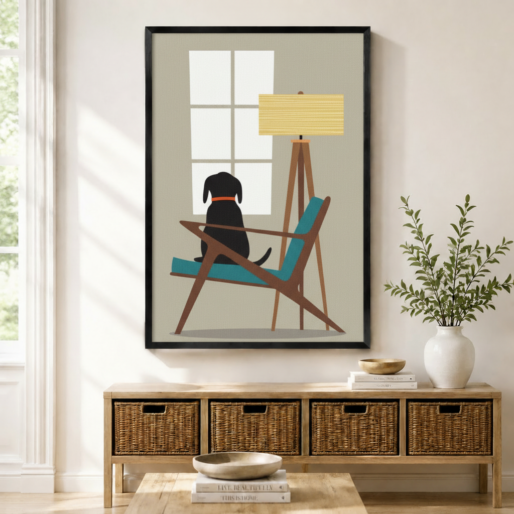 Black Labrador sitting on teal mid-century modern chair looking out window minimalist flat art framed wall print in black frame displayed above a wooden sideboard with wicker baskets in a bright entryway