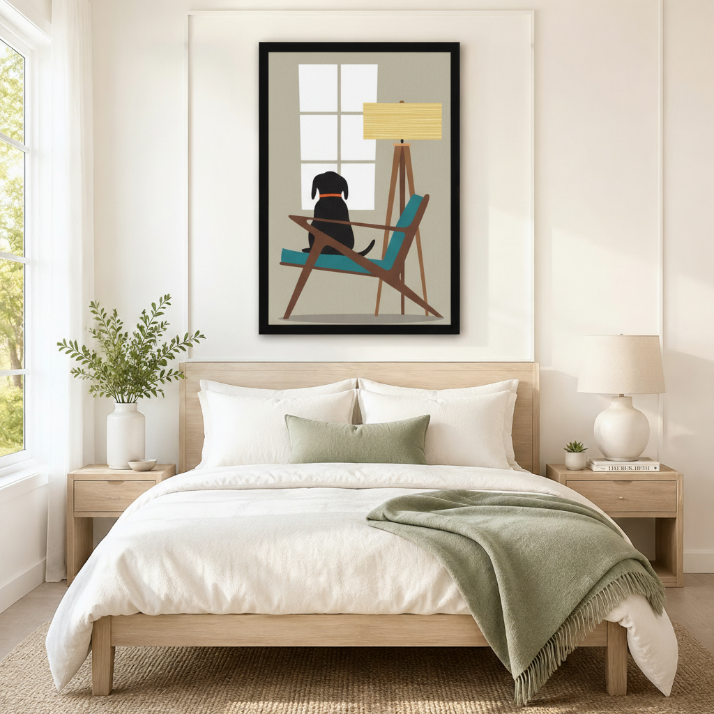 Black Labrador sitting on teal mid-century modern chair by window with tripod floor lamp minimalist wall art in black frame hung as bedroom focal point above a light wood bed with white linen and sage green throw