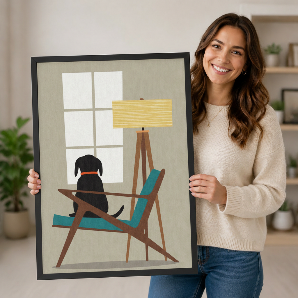 Smiling woman holding large black Lab dog on mid-century teal chair minimalist flat art framed print in black frame, demonstrating print size and artwork detail