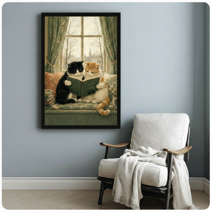 Black-framed wall art print of a tuxedo cat and orange tabby reading together by a curtained window, hung above an accent chair in a reading nook