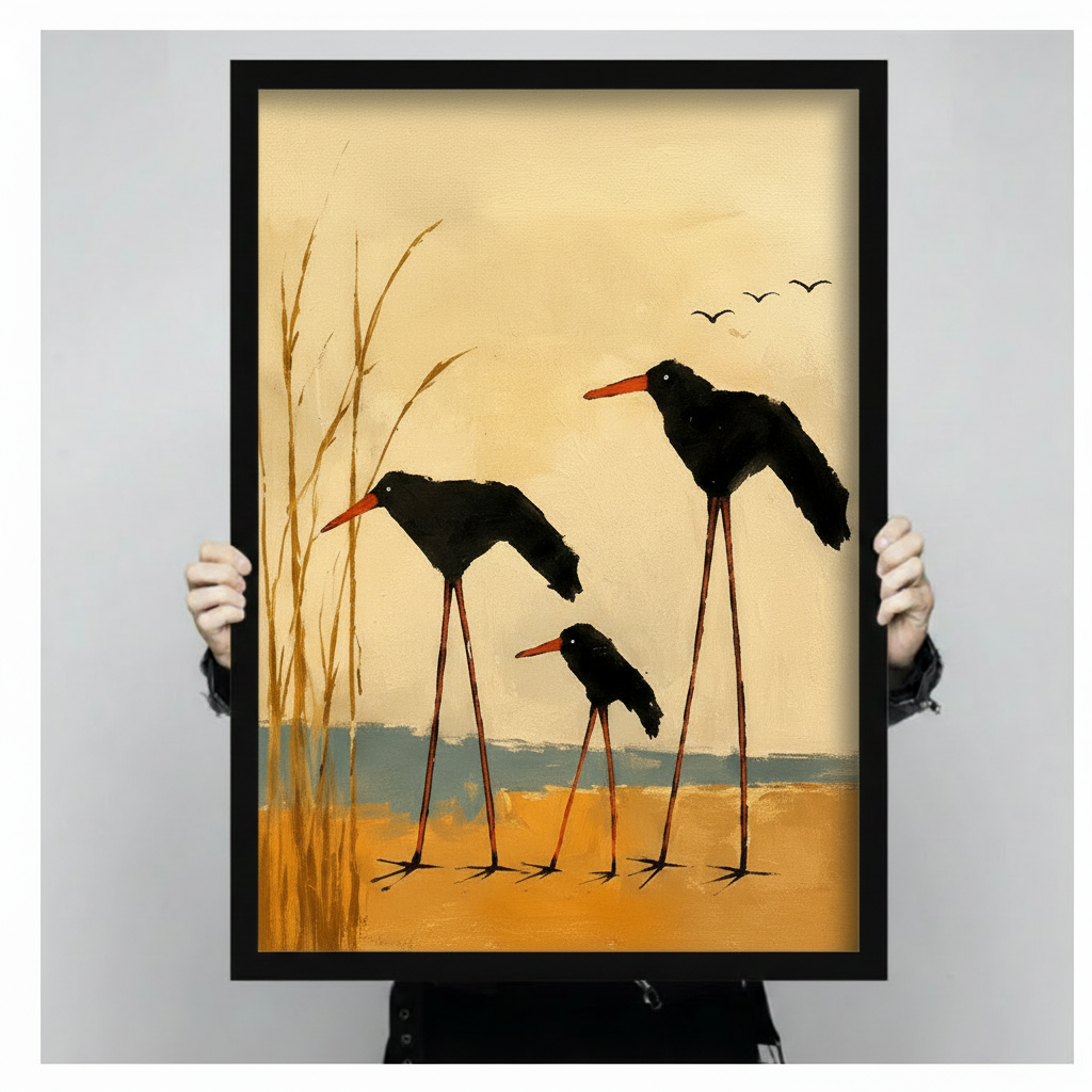Hand-held size reference of framed black oystercatcher family oil painting print with golden reeds and amber wetland background, showing portrait orientation and black frame detail