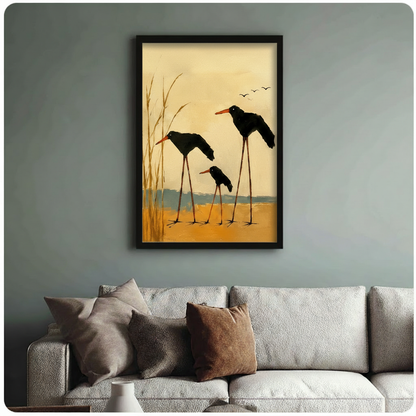 Framed black oystercatcher birds wetland oil painting above cream textured sofa on sage green wall, warm golden reed and teal horizon in background