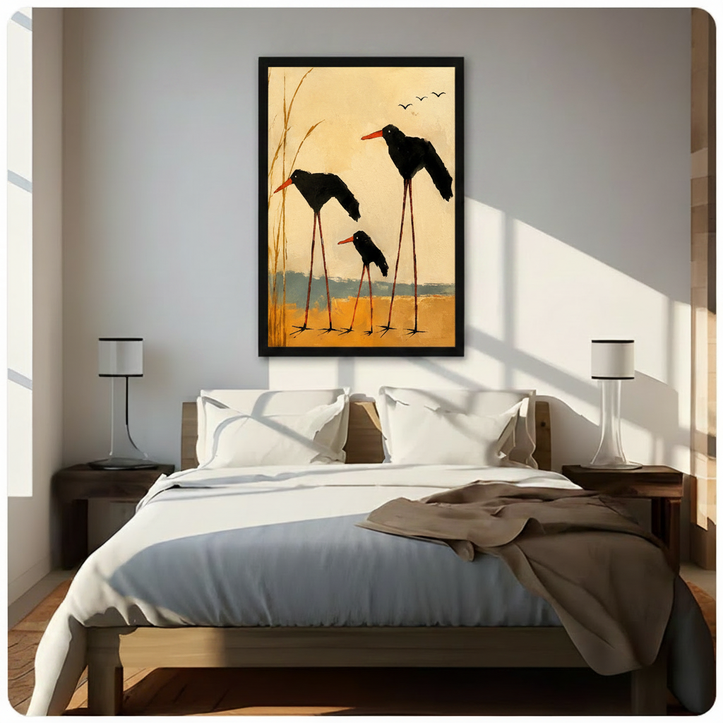 Large framed black oystercatcher birds golden wetland canvas wall art above wooden bed in sunlit minimalist bedroom with white bedding and matching modern bedside lamps
