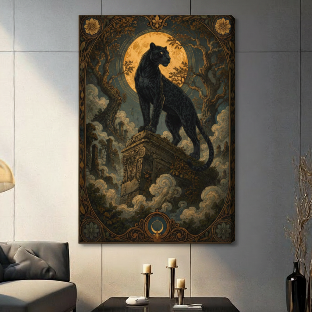 Majestic black panther perched atop a Corinthian stone pillar beneath a large golden moon with gnarled ancient trees mist and an intricate gold floral Art Nouveau frame dark mystical animal wall art stretched canvas in a living room with light gray tiled wall dark sofa candle holders and black vase