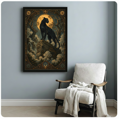 Gothic tarot-style illustration of a sleek black panther standing on a classical ruins pillar with a radiant amber moon ancient twisted trees and billowing clouds framed in a gold Art Nouveau border dark luxury animal wall art framed print beside a white linen armchair with a cream throw blanket on a blue gray wall
