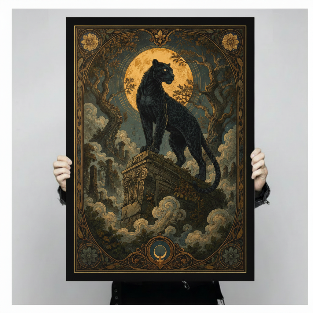 Dark mystical art print of a black panther atop a crumbling stone column with a golden full moon twisted branches swirling mist and an ornate gold crescent moon medallion border gothic tarot animal wall art framed print held against a light gray background