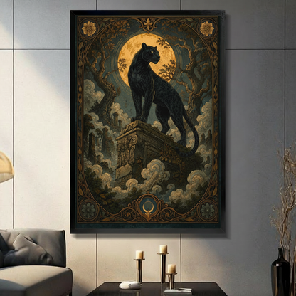 Black panther standing on an ancient stone column against a glowing amber full moon surrounded by twisted trees and rolling clouds with ornate gold Art Nouveau border dark gothic tarot animal wall art framed print in a living room with light gray tiled wall dark sofa candle holders and black vase