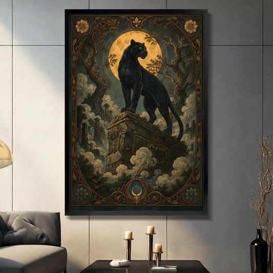 Black panther standing on an ancient stone column against a glowing amber full moon surrounded by twisted trees and rolling clouds with ornate gold Art Nouveau border dark gothic tarot animal wall art framed print in a living room with light gray tiled wall dark sofa candle holders and black vase