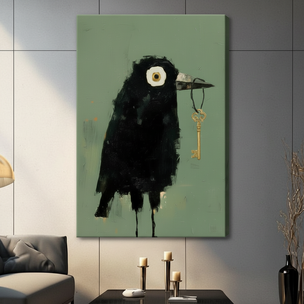 Frameless canvas print of expressive black raven with gold skeleton key on sage green background gothic wall decor