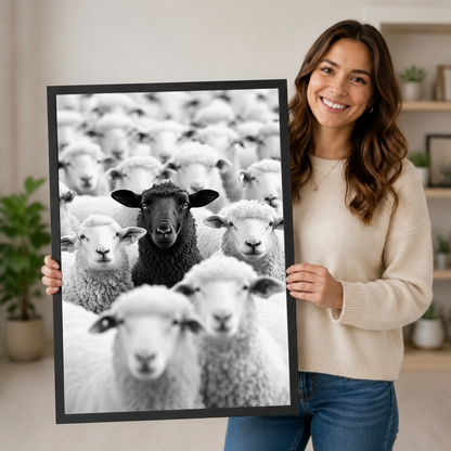 Smiling woman holding a large black-framed canvas print of a black sheep standing out in a white flock, showing print size, frame quality, and bold black and white photography detail up close